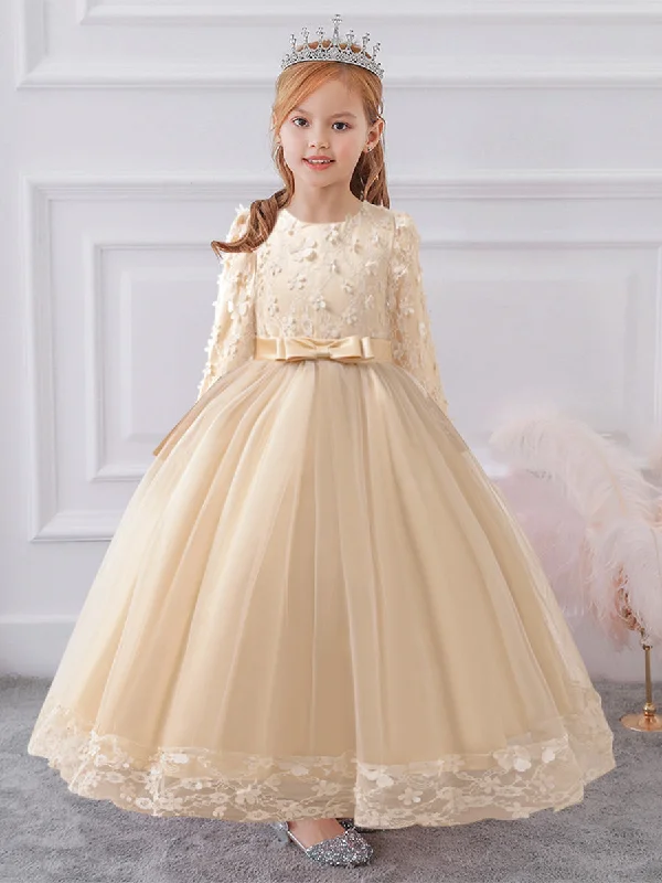 Women's Casual Apparel Dreamy Draping Ball Gown Scoop Long Sleeves Flower Girl Dresses with Lace