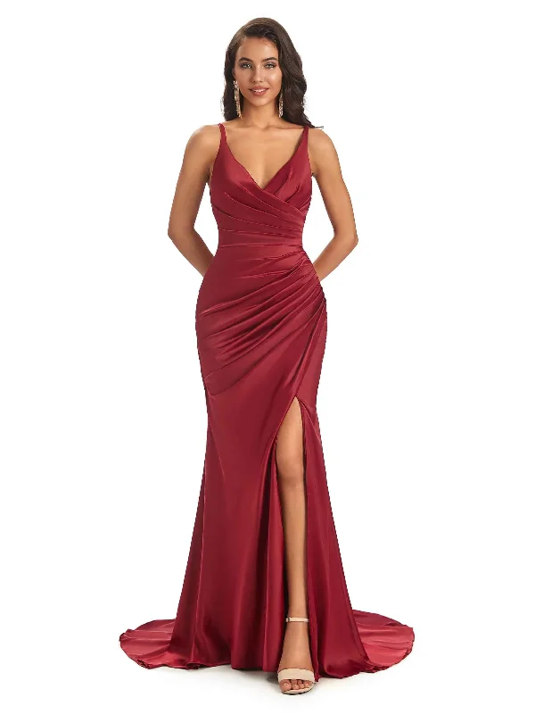 Stylish Clothes For Women Mother's Day Special Soft Satin Side Slit Spaghetti Straps V-neck Long Sexy Mermaid Bridesmaid Dresses