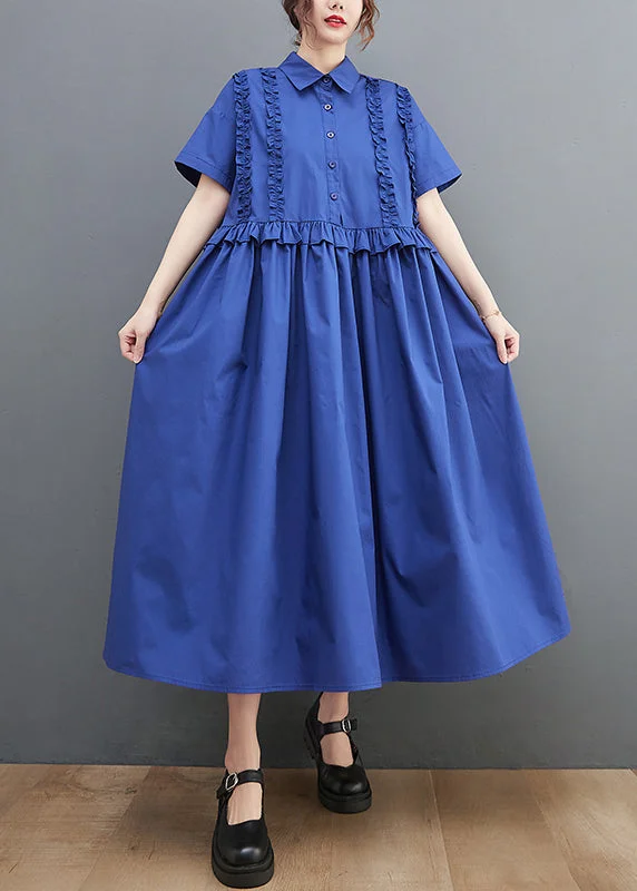 Women's Vintage Garments Feminine Soft - Hued Look Unique Blue Peter Pan Collar Button Wrinkled Cotton shirt Dress Short Sleeve