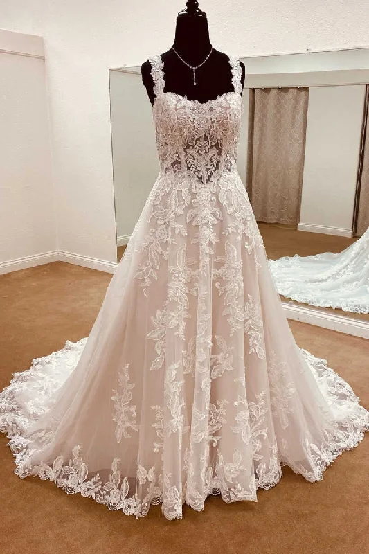 Women's Clothing For Travel Anniversary Sale White Lace Sweetheart Straps A-Line Long Bridal Gown