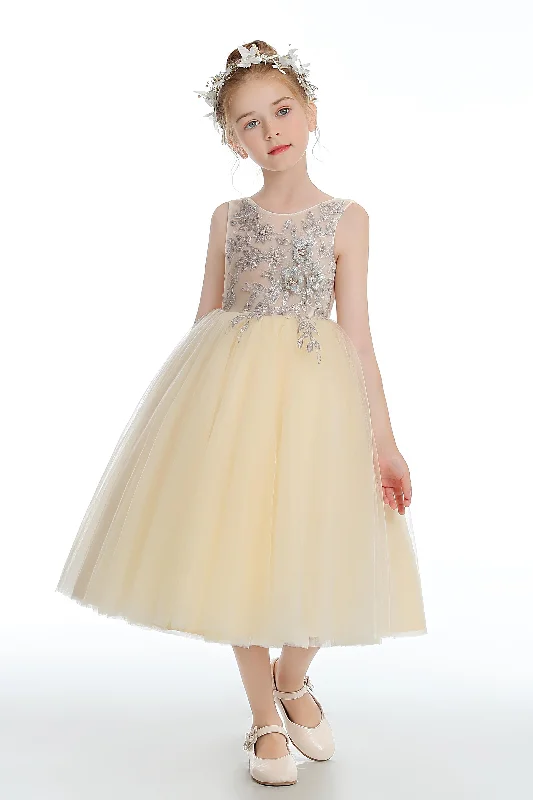 Women's Charming Outfit For Events Feminine Flow Tulle Daffodil Sleeveless V Back Flower Girl Dress