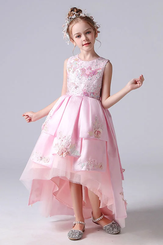 Women's Work Outfit For The Office Alluring Design Pink Round Neck Sleeveless Flower Girl Dress With Appliques