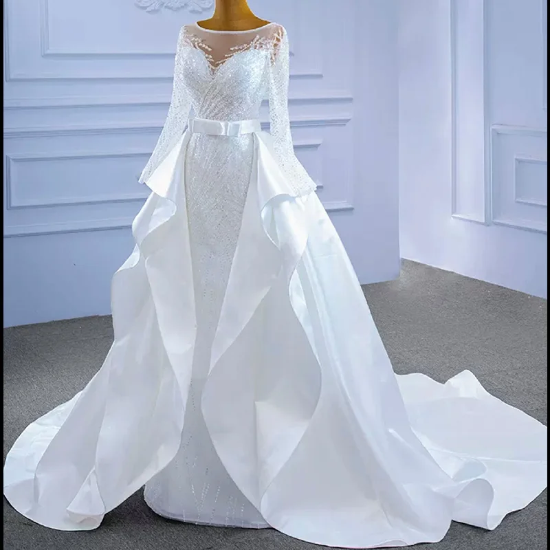 Women's Trendy Clothes Dreamy Draping Long Sleeve Beaded Wedding Dress with Detachable Skirt