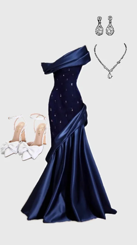 Women's Casual Garments Feminine Charm Pretty Mermaid One Shoulder Navy Blue Satin Long Party Dress Prom Dresses C3144