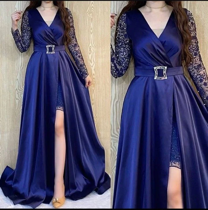 Women's Vintage-Inspired Outfit Sophisticated Cut Elegant A-Line V Neck Long Sleeves Evening Dresses Y5786