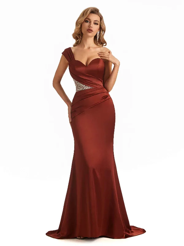 Women's Relaxed Outfit Classic Charm Sexy Soft Satin Lace One Shoulder Mermaid Bridesmaid Dresses Online