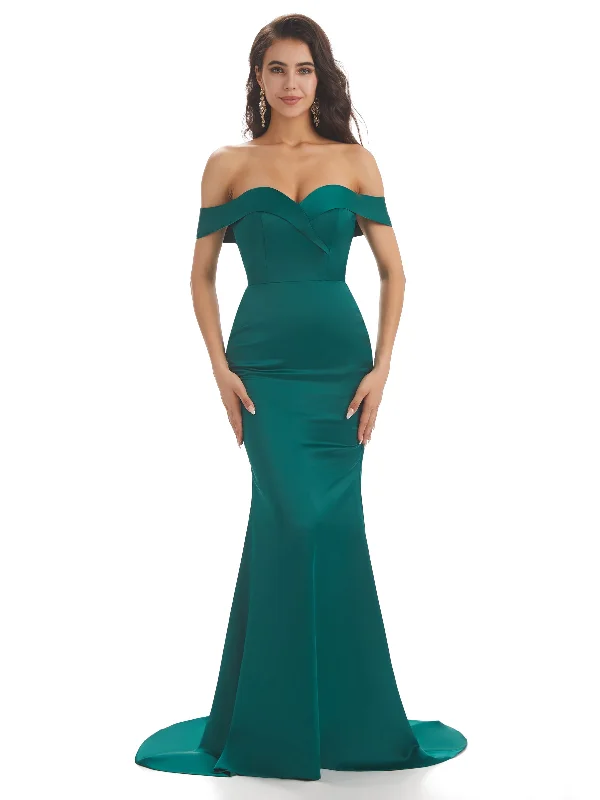 Women's Holiday Clothing Effortless Sophistication Simple Off The Shoulder Soft Satin Long Mermaid Bridesmaid Dresses Online