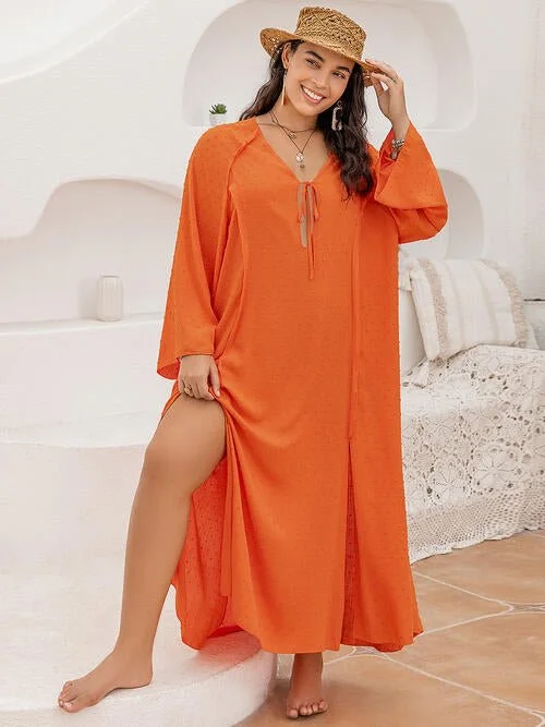 Women's Clothing For Everyday Wear Beat the Heat in Tropical Styles Plus Size Tie Neck Long Sleeve Slit Dress