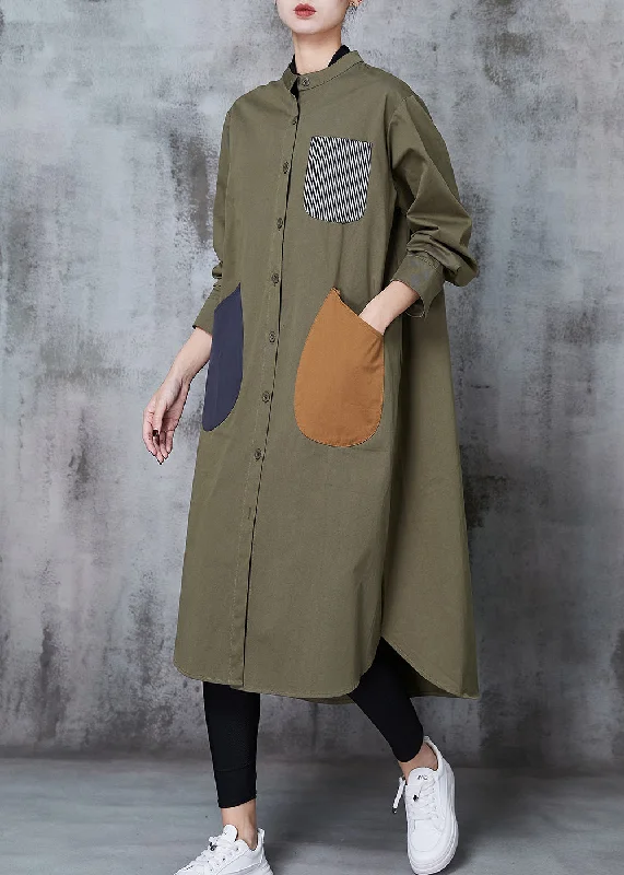 Women's Everyday Clothes Rustic Countryside Charm Look Stylish Army Green Oversized Patchwork Cotton Shirt Dress Spring