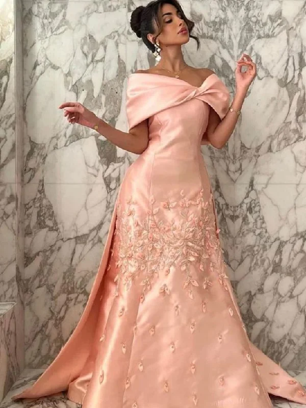 Women's Weekend Outfit Luxury Comfort Pretty Mermaid Off The Shoulder Pink Satin Long Prom Dress Evening Dresses With Appliques C3383