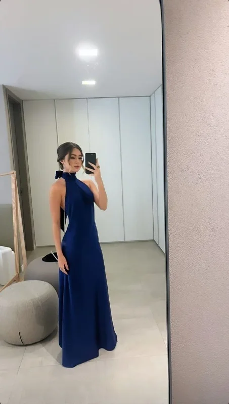 Women's Formal Clothes Luxury Comfort Classy A line High Neckline Streachable Satin Navy Blue Long Prom Dresses Evening Dress C2653