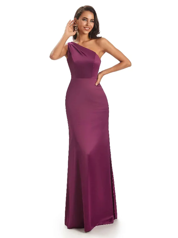 Women's Holiday Attire Mother's Day Special Sexy Soft Satin Side Slit Sheath One Shoulder Modern Mermaid Bridesmaid Dresses