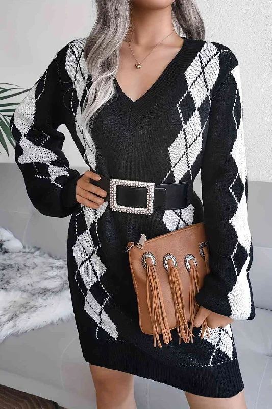 Women's Professional Clothes Modern Romance Geometric V-Neck Long Sleeve Sweater Dress