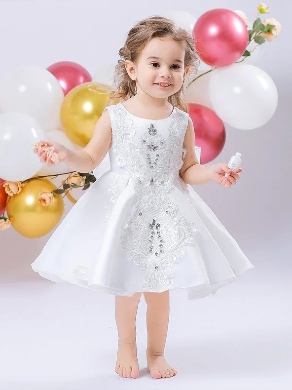 Women's Travel Garments Flowy Fabric Ball Gown Scoop Sleeveless Flower Girl Dresses with Rhinestones