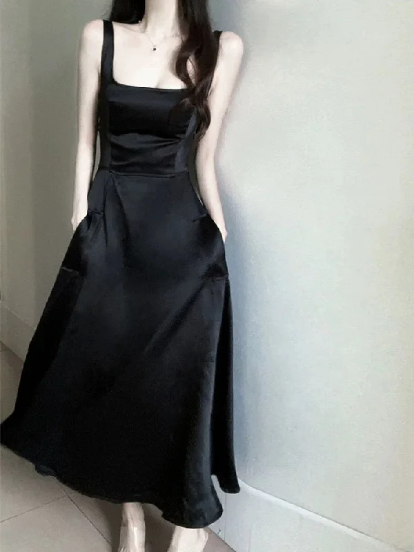 Luxury Women's Clothing Romantic Date - Night Ensemble Elegant A Line Square Neckline Black Satin Prom Dress Birthday Outfits With Pockets C3658