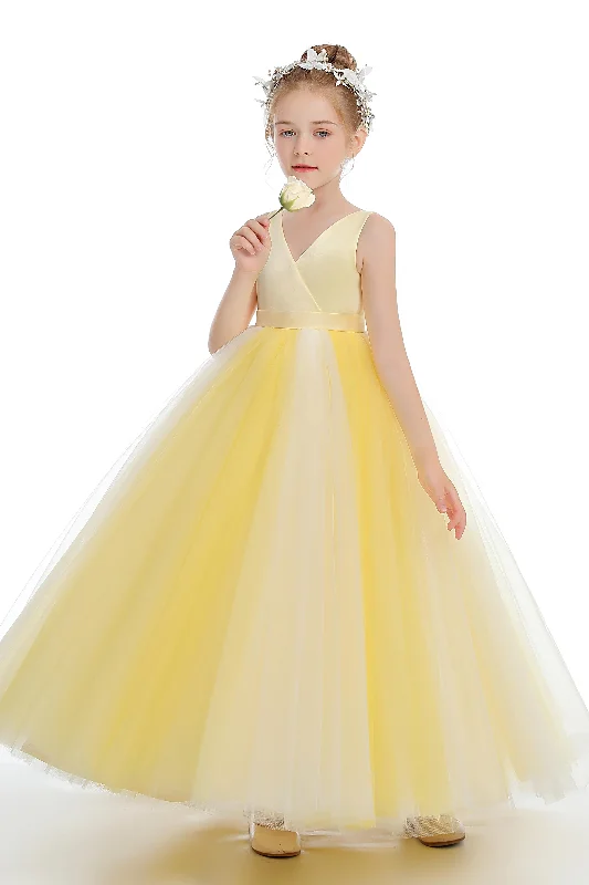 Women's Vintage-Inspired Outfit Effortless Sophistication Yellow Sleeveless V Neck Tulle Flower Girl Dress