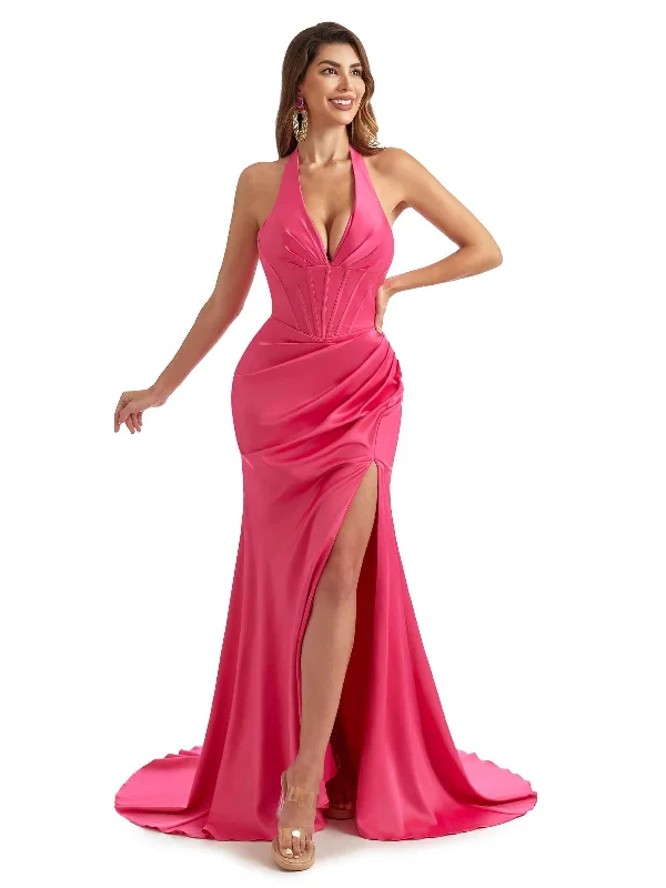 Women's Casual Wear Clothing Flash Sale Sexy Side Slit Halter V-Neck Mermaid Trendy Satin Long Bridesmaid Dresses Online