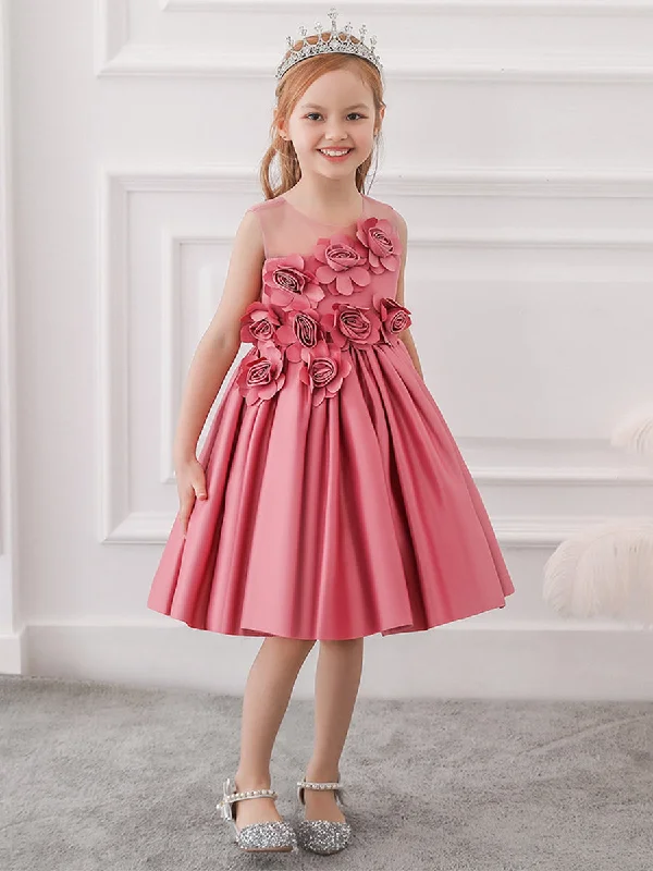 Stylish Women's Attire Vintage Retro Party Wear Ball Gown Scoop Sleeveless Flower Girl Dresses with Solid Flowers