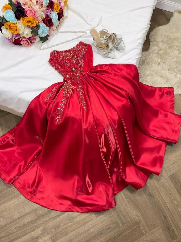 Stylish And Comfortable Clothing For Women Discounts on Casual Weekend Styles Modest A Line Strapless Sleeveless Red Satin Ruffles Beads Long Prom Dresses Evening Dress C3076