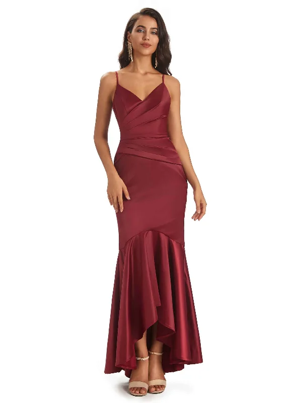 Women's Clothing Outfit Set Charming Silhouette Spaghetti Straps V-Neck Soft Satin Asymmetrical High Low Bridesmaid Dresses Online