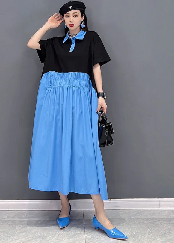 Stylish Women's Garments Graceful Drape Loose Blue Colorblock Peter Pan Collar Patchwork pleated Cotton Shirt Dress Short Sleeve