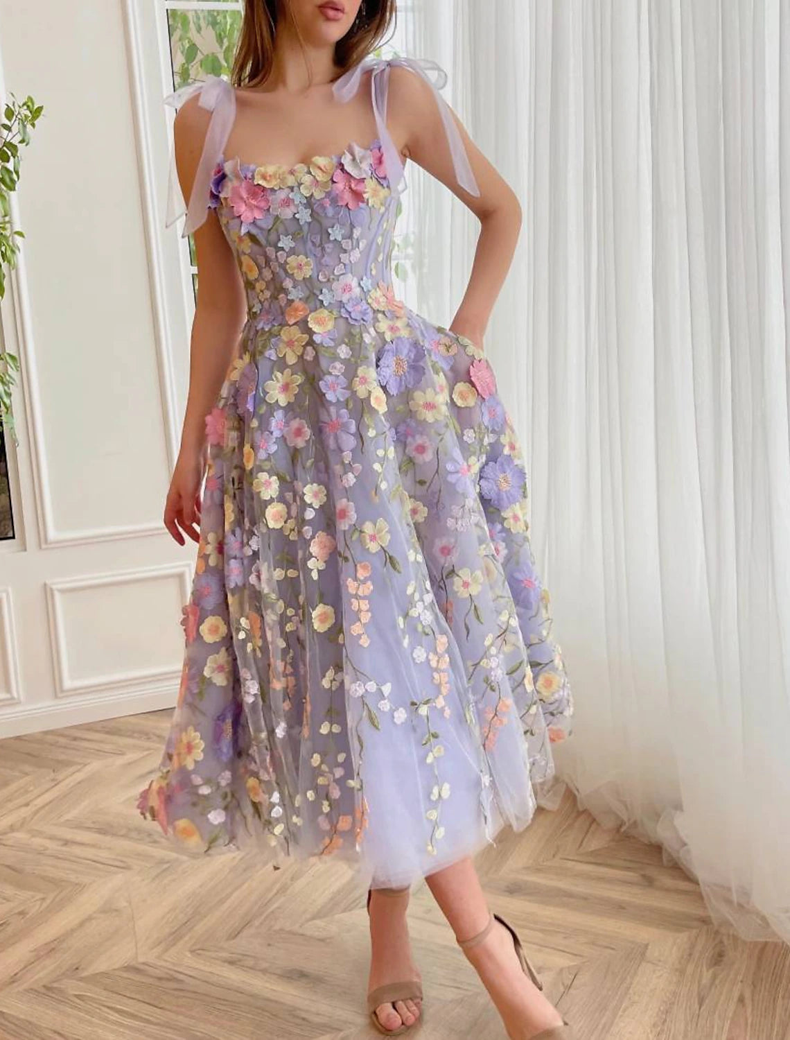 Modern Women's Attire Spring Fling Sale A-Line Cocktail Dresses Corsets Dress Wedding Guest Summer Tea Length Sleeveless Scoop Neck Bridesmaid Dress Tulle with Appliques