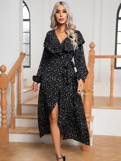 Women's Party Clothes End - of - Month Blowout Polka Dot Tie Front Long Sleeve Slit Dress