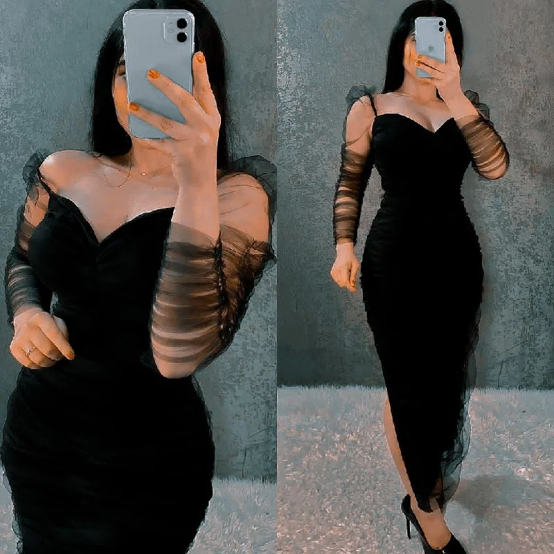 Women's Everyday Garments Effortless Comfort Women Outfit Black Mesh Long Sleeves Sheath Prom Dress,Black Cocktail Dress Y5549