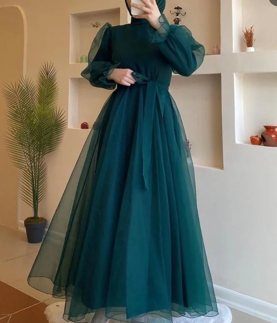 Women's Plus-Size Casual Outfit Feminine Charm Modest A-line Long Sleeves Tulle Prom Dress,Muslim Dress Y6969