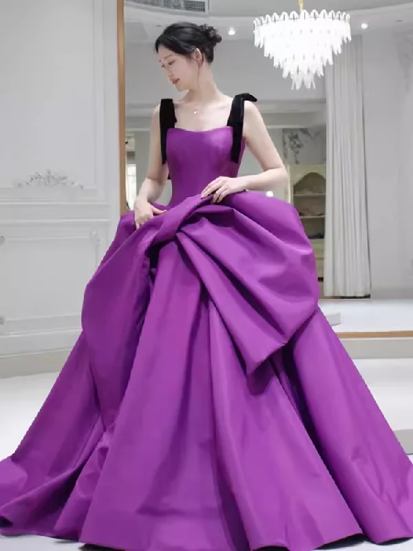 Women's High-Fashion Garments Graceful Drape Ball Gown Straps Satin Grape Satin Long Prom Dresses C114