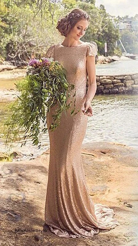 Women's Elegant Evening Attire Spring Fling Sale Gold Sequins Bridesmaid Dress