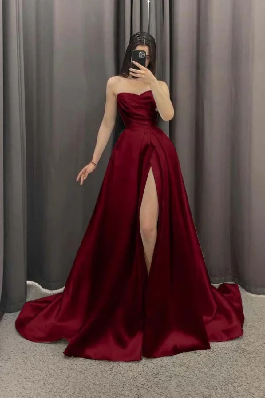 Women's Chic Outerwear Attire Big Savings on Rustic Countryside Styles Elegant A line Sweetheart Burgundy Slit Satin Prom Dresses Long Evening Dress C2890