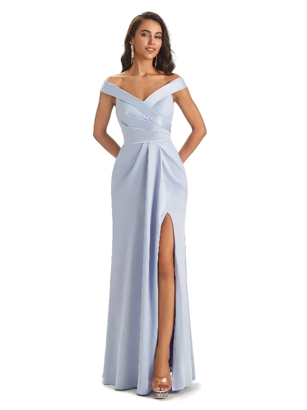 Women's Outfit Elegant Details Sexy Soft Side Slit Off Shoulder V-Neck Long Satin Ladies Bridesmaid Dresses