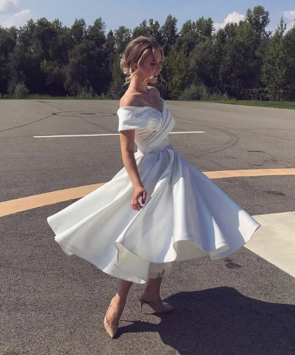 Women's Clothing Apparel Rustic Countryside Charm Look WHITE OFF SHOULDER SATIN TEA LENGTH PROM DRESS WHITE EVENING DRESS   cg12209