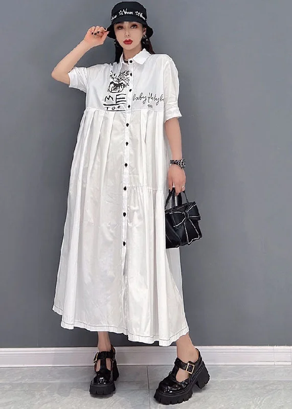 Women's Clothes And Garments Contemporary Elegance Elegant White Peter Pan Collar Print Wrinkled Cotton Party Shirt Dress Short Sleeve