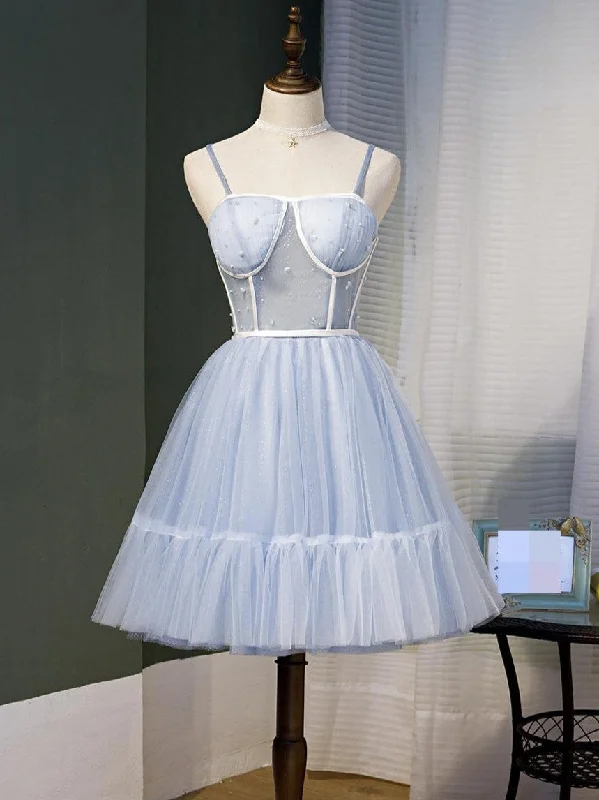 Formal Clothing For Women Elevated Style Sky Blue Beaded Lace Up Ball Gown Tulle Homecoming Dresses