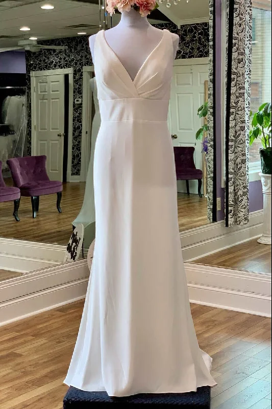 Women's Contemporary Apparel Everyday Glamour White V-Neck Square Back Long Bridal Gown