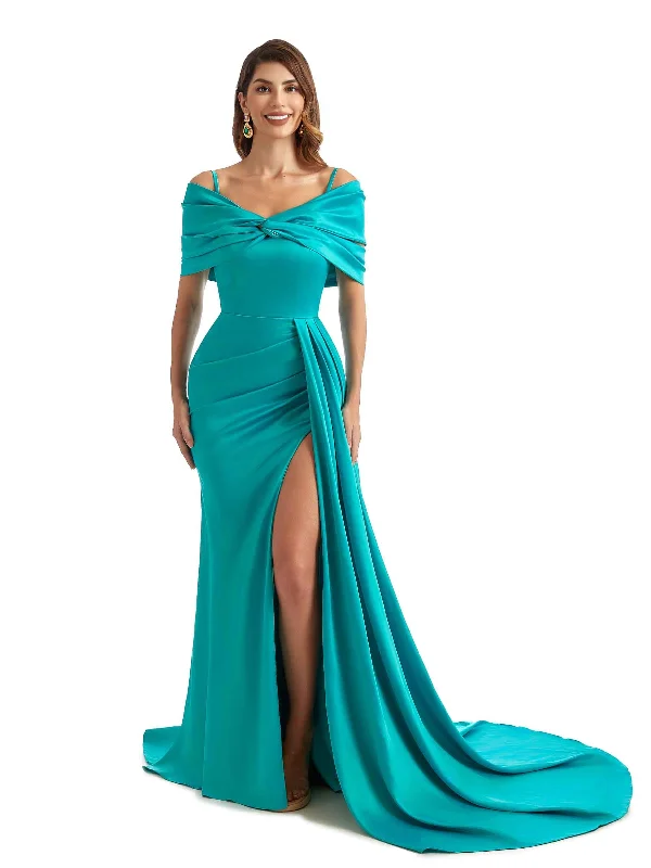 Chic Women's Outfit Casual Elegance Chic Mermaid Cold Shoulder Side Split Long Satin Formal Bridesmaid Dresses Online