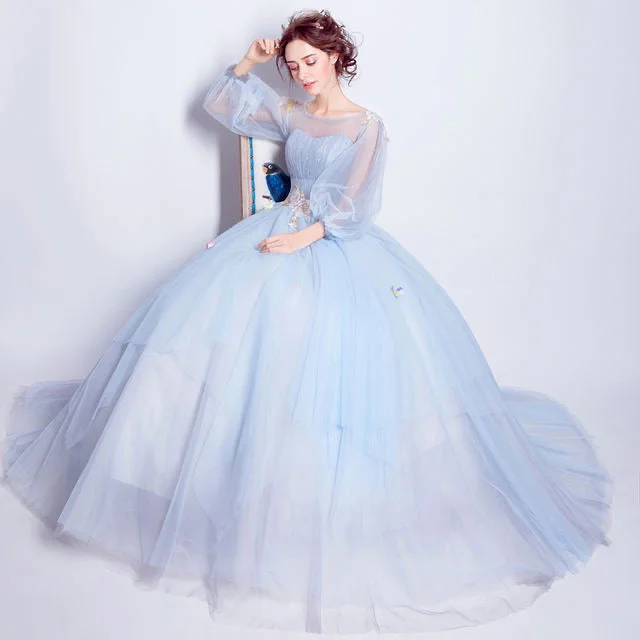 Women's Seasonal Wardrobe Clothing Hollywood Glam Award - Show Style Long sleeves prom dress light blue party dress ball gown with appliques,blue quinceanera dress