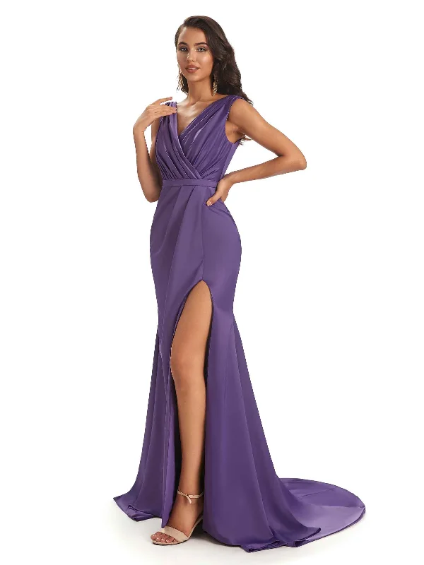 Women's Resort Apparel Flash Deals Sexy Soft Satin Side Slit V-neck Unique Long African Bridesmaid Dresses