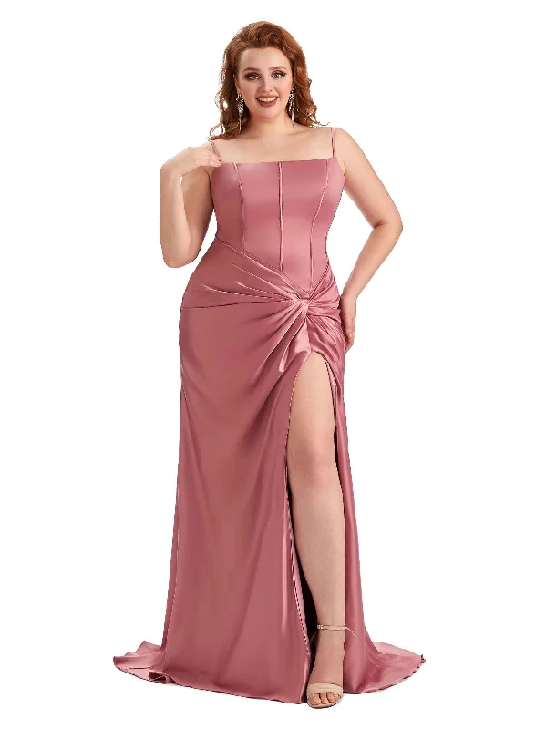 Stylish Women's Outfit Minimalist Chic Plus Size Sexy Spaghetti Straps Side Slit Mermaid Soft Satin Long Bridesmaid Dress