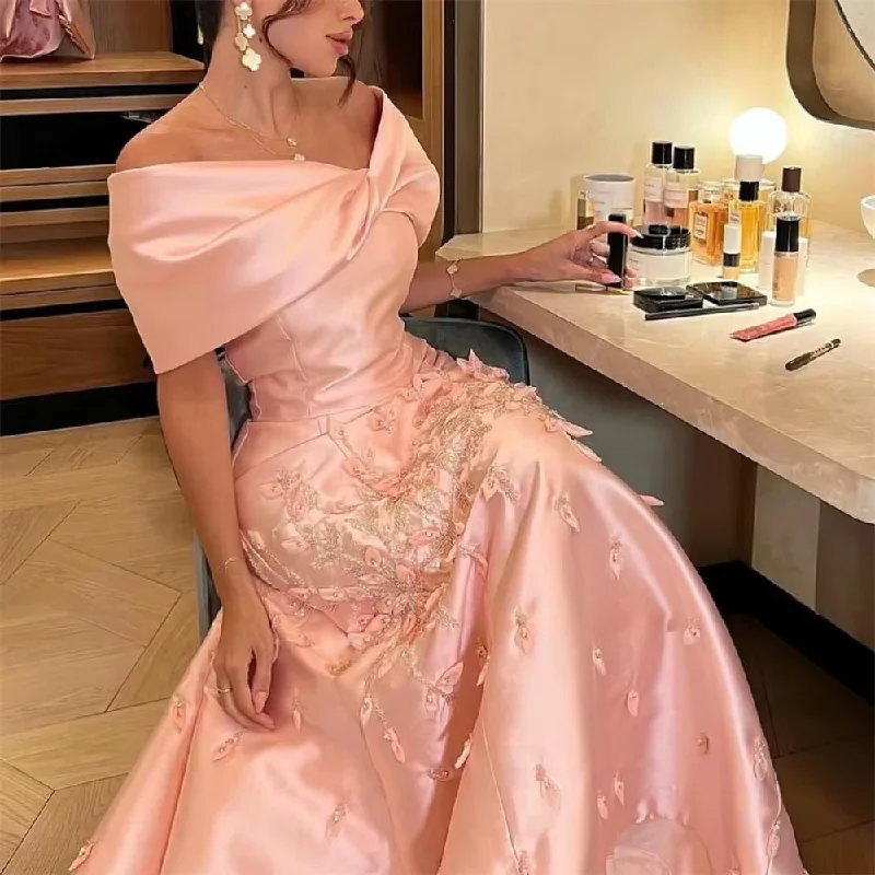 Women's Evening Attire Hollywood Glam Award - Show Style Elegant Mermaid Off The Shoulder Satin Pink Appliques Long Prom Dresses Party Dress C3188