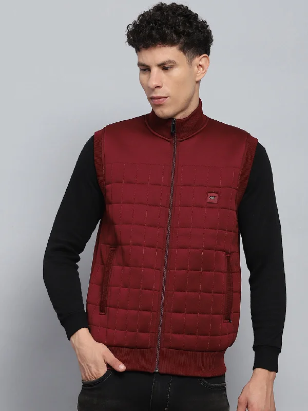 Women's Clothing For Holiday Travel Limited - Edition Drops Men Maroon Self Design Mock Neck Sleeveless Jacket