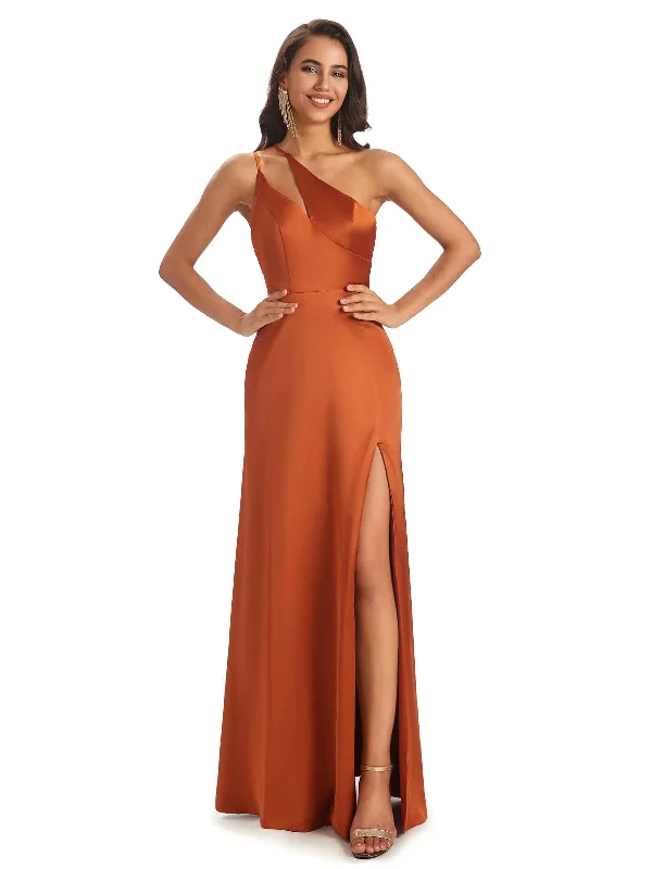 Women's Party Outfit Flowy Fabric Sexy Soft Satin Side Slit One Shoulder Floor-Length Mermaid Long Bridesmaid Dresses Online