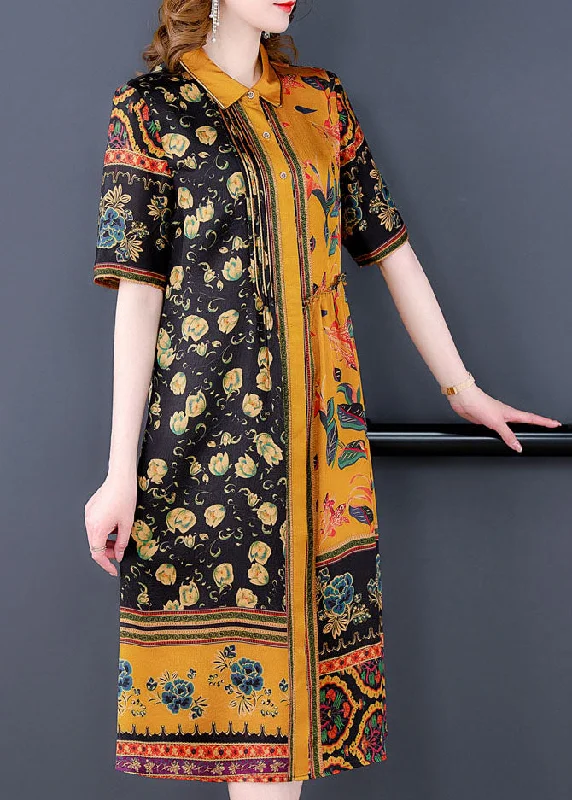 Women's High-Fashion Attire Minimalist Chic Elegant Yellow Peter Pan Collar Print Silk Shirt Dress For Women Short Sleeve