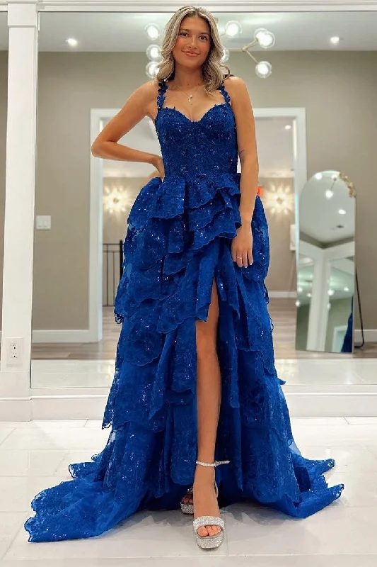 Women's Workout Clothing Effortless Sophistication Maisy| Blue Tulle Sequin Sweetheart Ruffle Tiered Long Gown