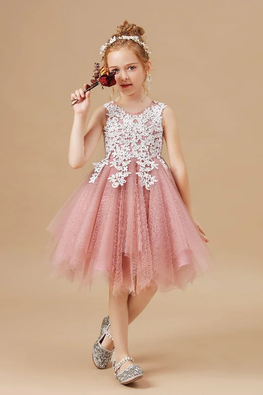 Women's Elegant Formal Outfit Lightweight Fabric Tulle Chic Applique Asymmetrical Sleeveless Flower Girl Dress