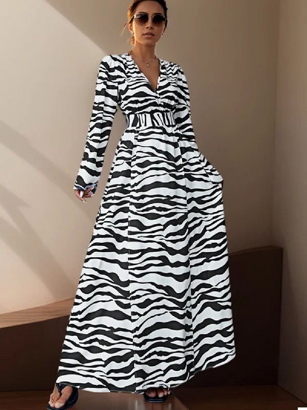 Timeless Women's Clothing Rustic Countryside Charm Look V Neck Long Sleeve Zebra-Stripe Maxi Bodycon Dress HB100084