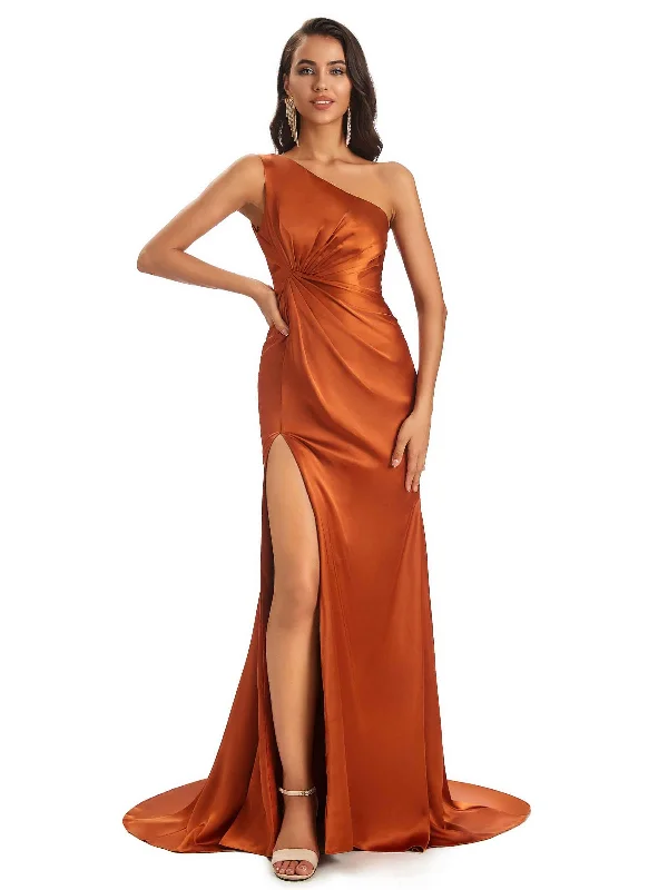 Women's Outdoor Activity Garments Graceful Drape Sexy Soft Satin One Shoulder Side-Slit Floor-Length Mermaid Bridesmaid Dresses