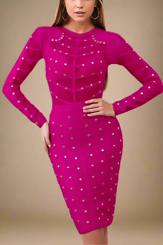 Women's Relaxed Clothes Disco - Inspired Retro Dance Look Rosa Long Sleeve Bodycon Dress - Neon Purple